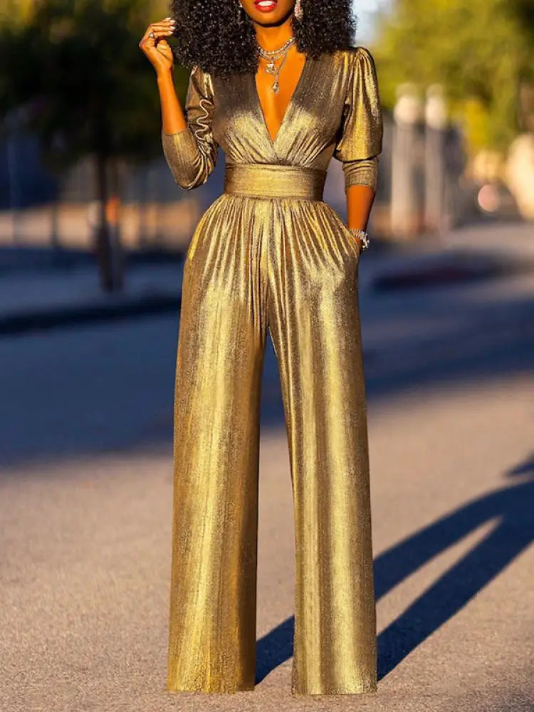 Women's Jumpsuit - Shiny Finish - V-Neck - 3/4 Sleeves - Wide Legs - Elegant Fit