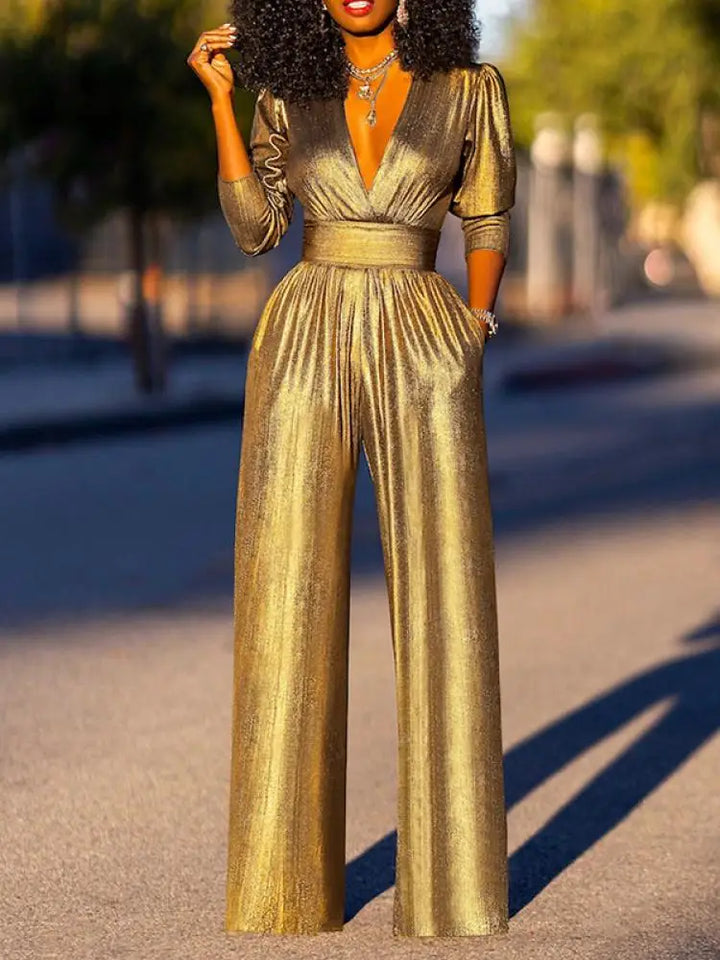 Women's Jumpsuit - Shiny Finish - V-Neck - 3/4 Sleeves - Wide Legs - Elegant Fit