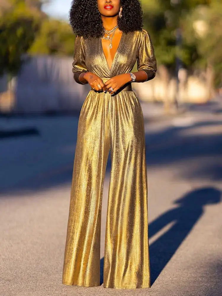 Women's Jumpsuit - Shiny Finish - V-Neck - 3/4 Sleeves - Wide Legs - Elegant Fit