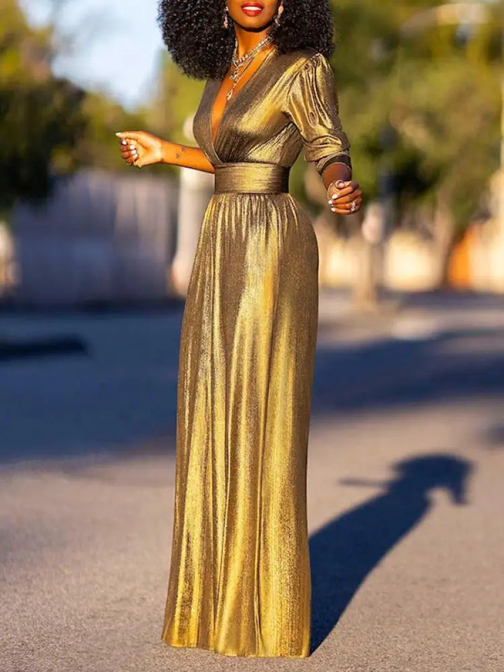 Women's Jumpsuit - Shiny Finish - V-Neck - 3/4 Sleeves - Wide Legs - Elegant Fit
