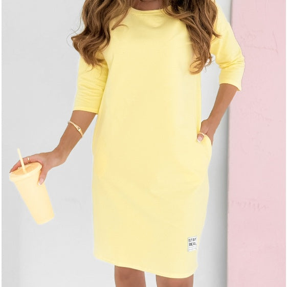 Lieka – Round Neck Dress with 3/4 Sleeves and Pockets