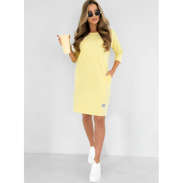 Lieka – Round Neck Dress with 3/4 Sleeves and Pockets